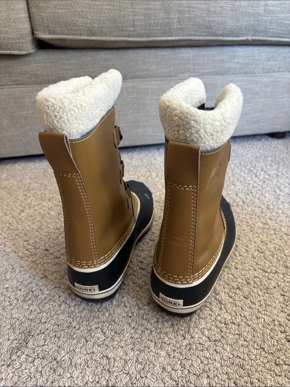 Sorel Tan and Black Lace-Up Winter Boots with Faux Shearling Collar